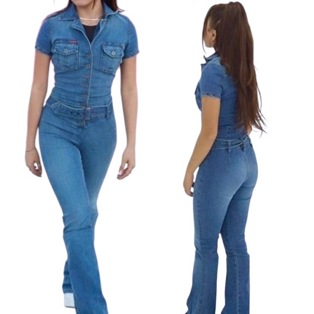 GUESS Vintage Y2K Stretch Denim Wide Leg Belted Button Up Jumpsuit JLO Medium